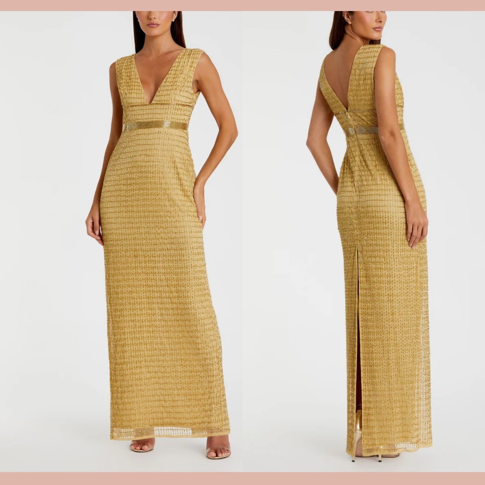 NWT $598 Mac Duggal [ 12 ] 5625 Beaded Cap Sleeve V Neck Column Gown Gold #J1429